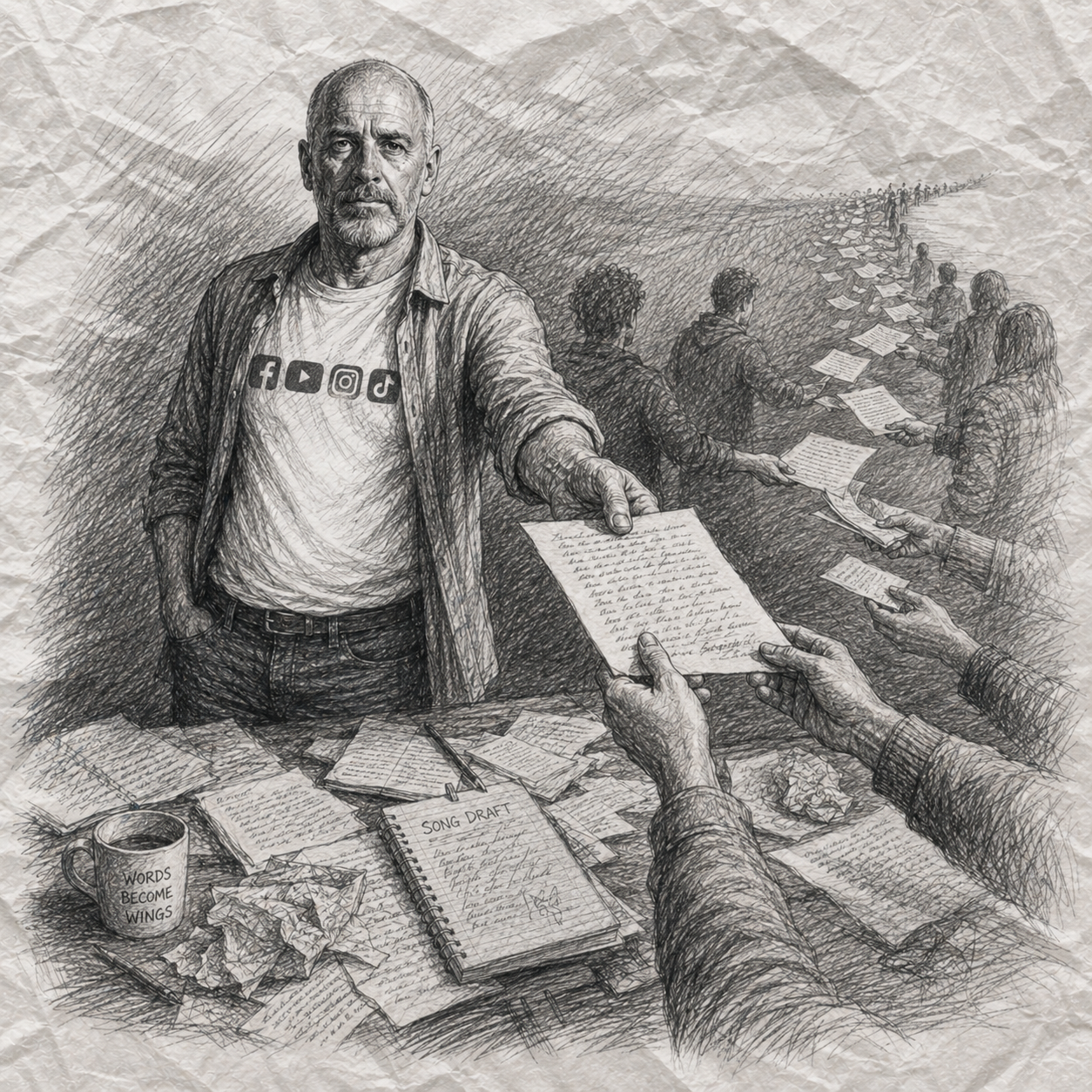 FRED tend un texte vers le public — faire voyager les chansons et les mots