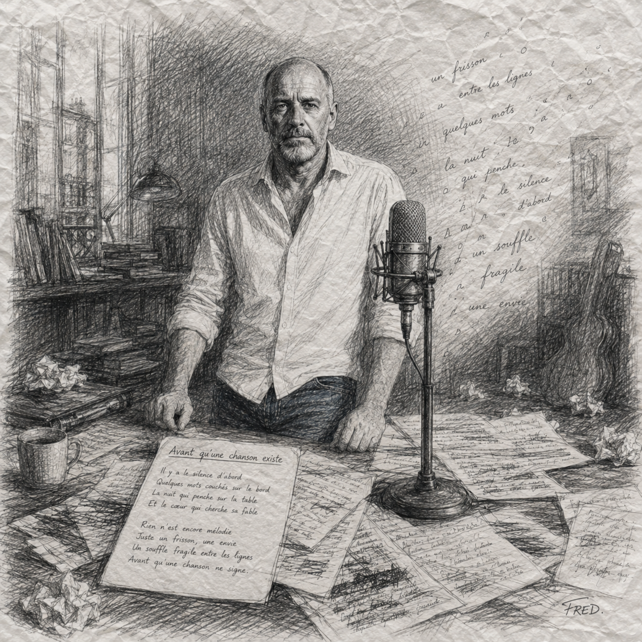 FRED devant un microphone, entouré de textes et de pages de travail — avant qu’une chanson existe