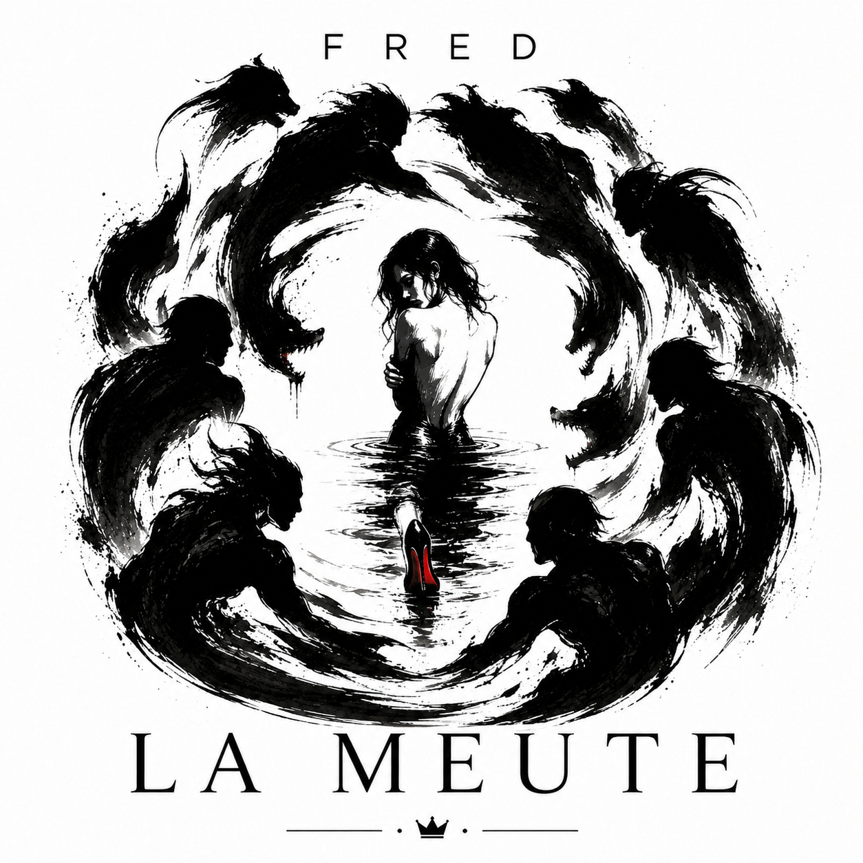 Pochette de « La Meute » — univers CAMLAND, femme-sirène dans l’eau, vortex d’ombres et semelle rouge