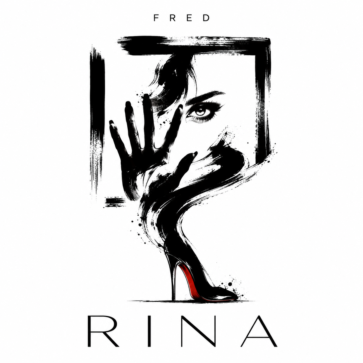 Pochette de « Rina » — univers CAMLAND, encre noire, silhouette féminine et escarpin noir à semelle rouge