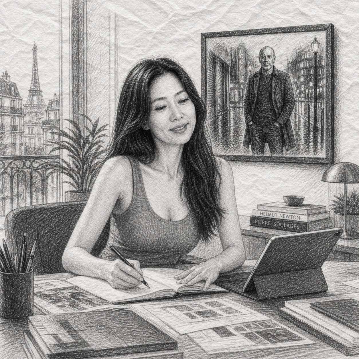 Ji Haneul écrit devant un portrait de FRED — regard croisé sur la naissance du projet