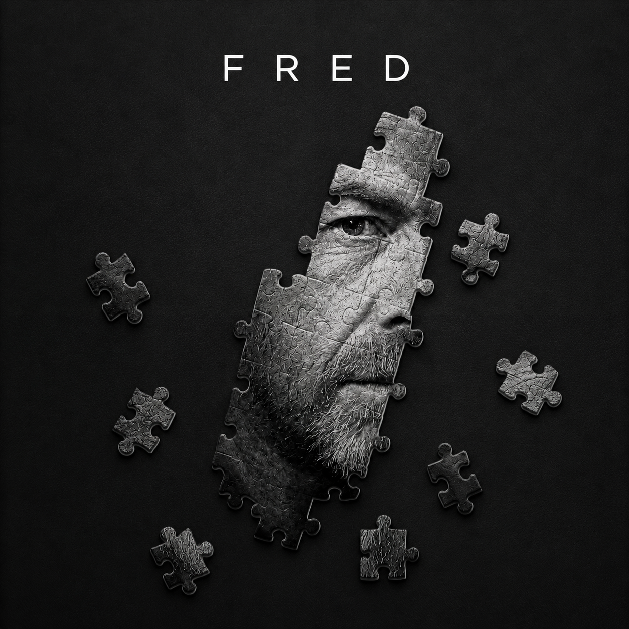 Pochette de l’EP FRED — portrait fragmenté en pièces de puzzle sur fond graphite