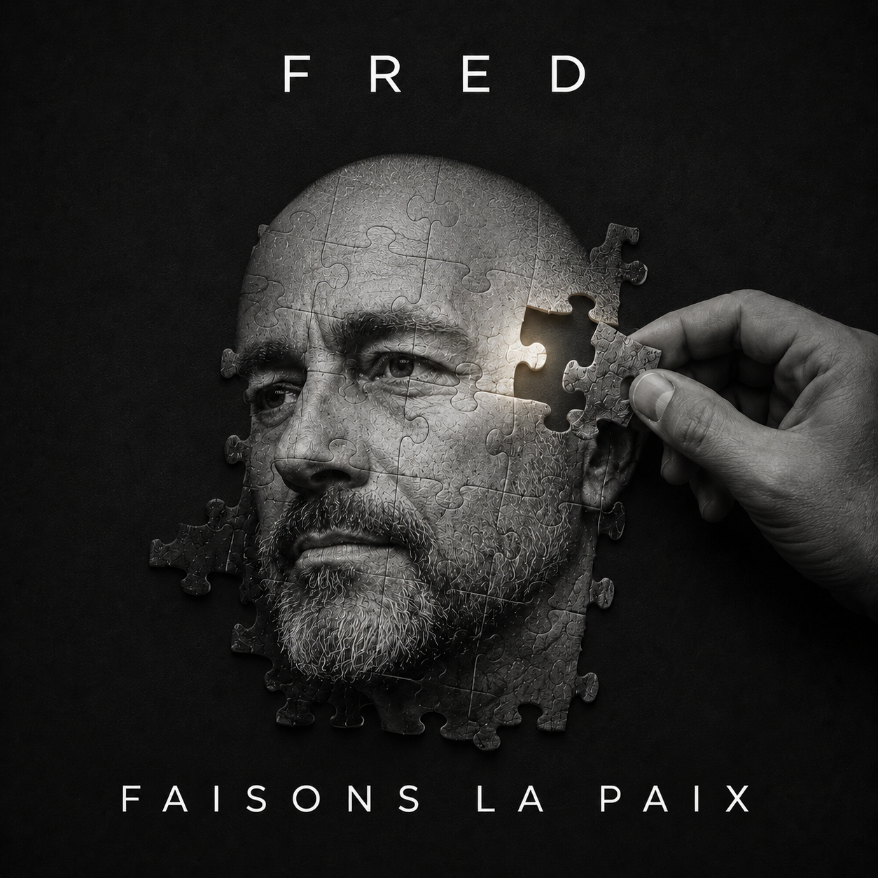 Pochette de « Faisons la paix » — portrait de FRED en puzzle, une main plaçant la dernière pièce