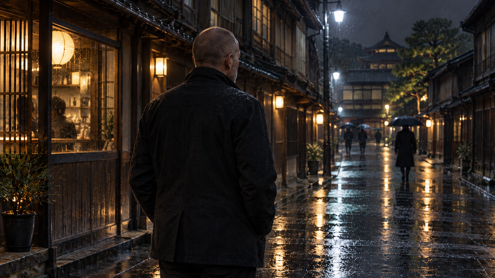 FRED de dos dans une rue de Kanazawa sous la pluie — mémoire, néon bleu et nuit