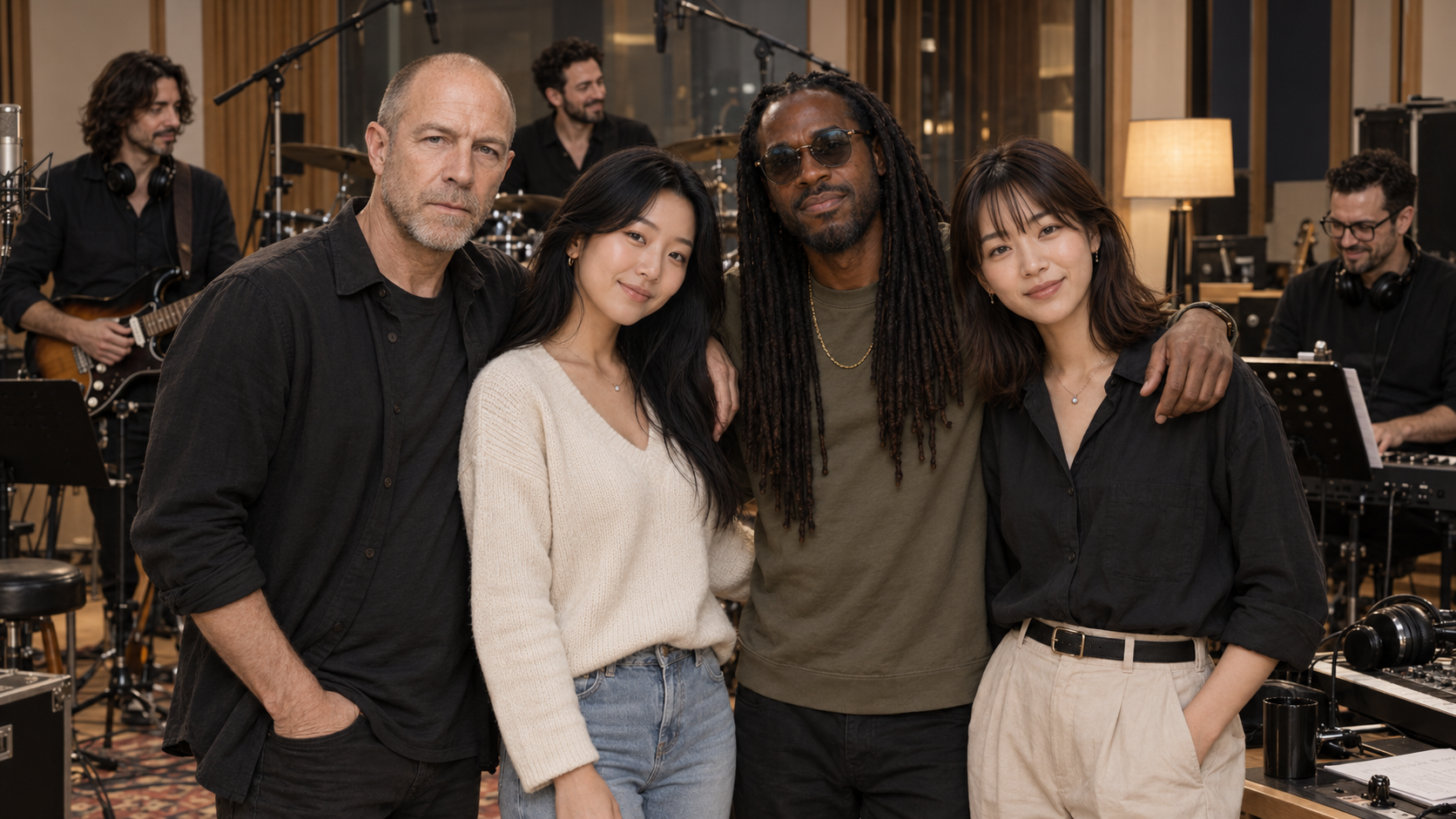 Fred, Min-Ah, Malik et Akiko avec des musiciens dans un studio d’enregistrement
