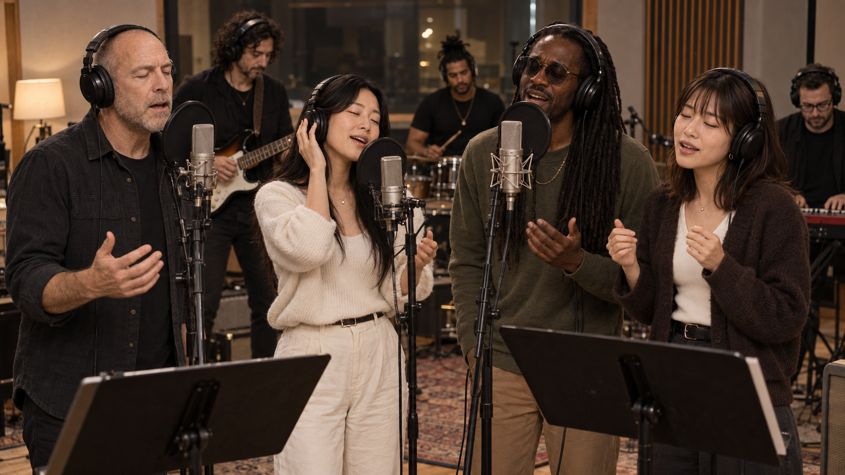 Fred, Min-Ah, Malik et Akiko chantent ensemble pendant une prise en studio, accompagnés par des musiciens