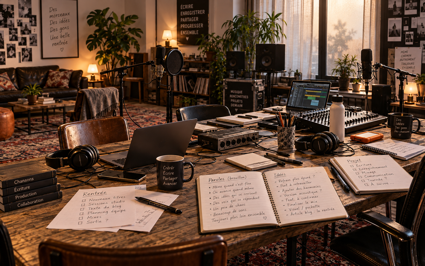Studio de travail FRED après une journée de création — micros, casques, notes en français et matériel de production